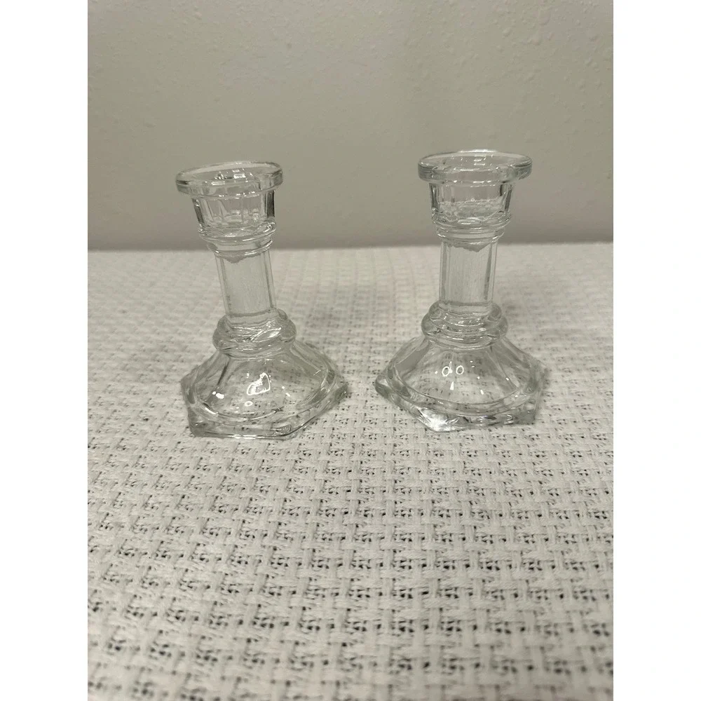 Vintage Glass Candlestick Set Clear Hexagon Base Fluted Taper Colonial Decor